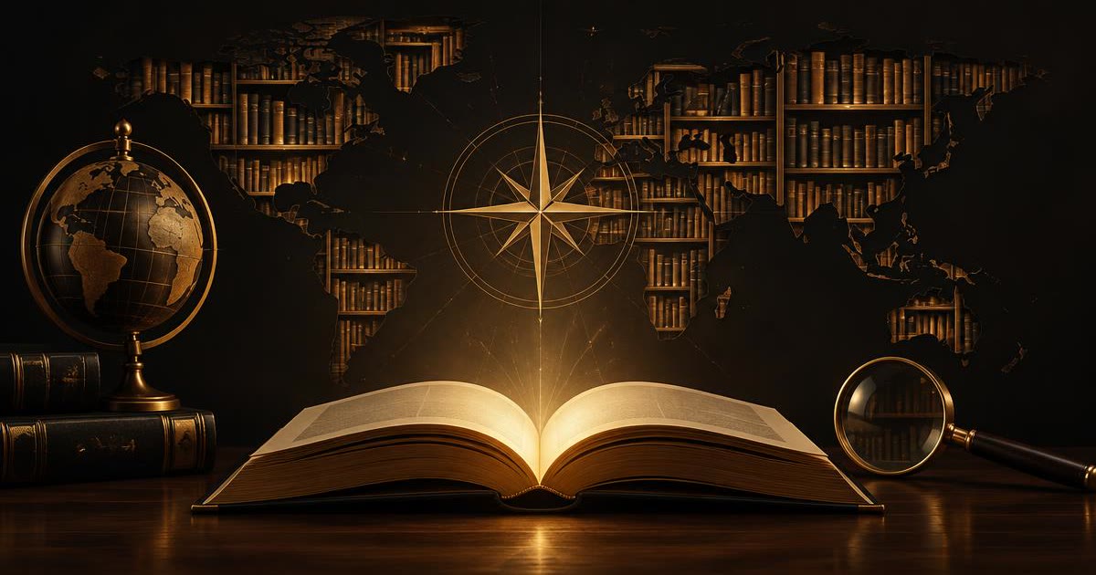 An open book glowing with gold light beside a compass and magnifying glass